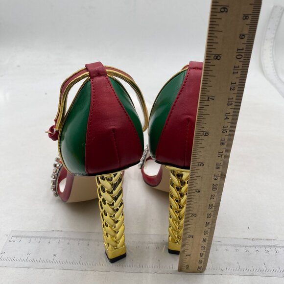 FSJ Women Flower Gold Metal Chain Chunky High Heels Ankle Strap Sandal Red Green - Picture 5 of 8